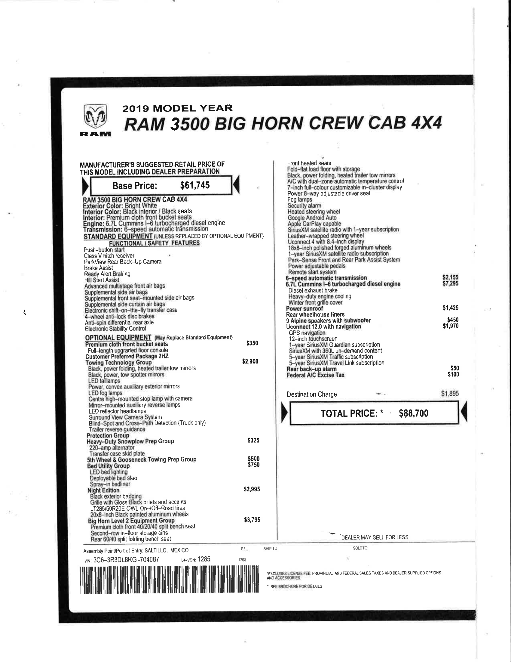 2019 RAM 3500 factory build sheet